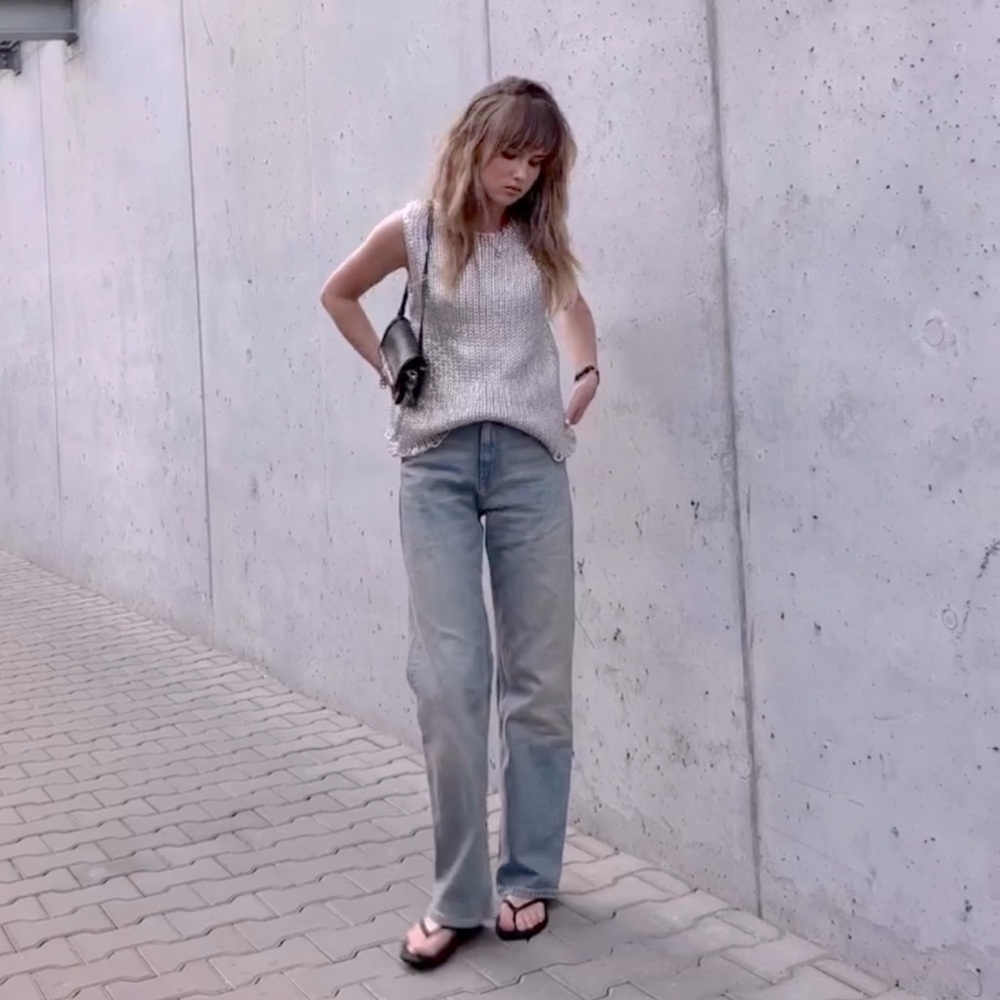 Zara Silver Metallic Knit Vest Sweater